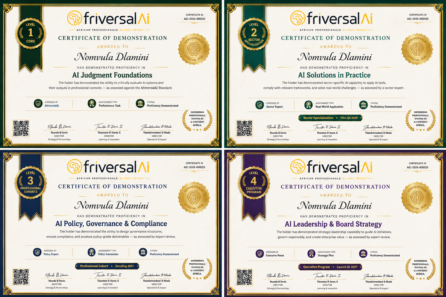 All four AfriversalAI certificates — Levels 1 through 4